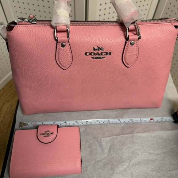 Coach Georgia Satchel Flower Pink Silver PAIRED Matching Wallet Leather Bag NWT - Picture 8 of 10